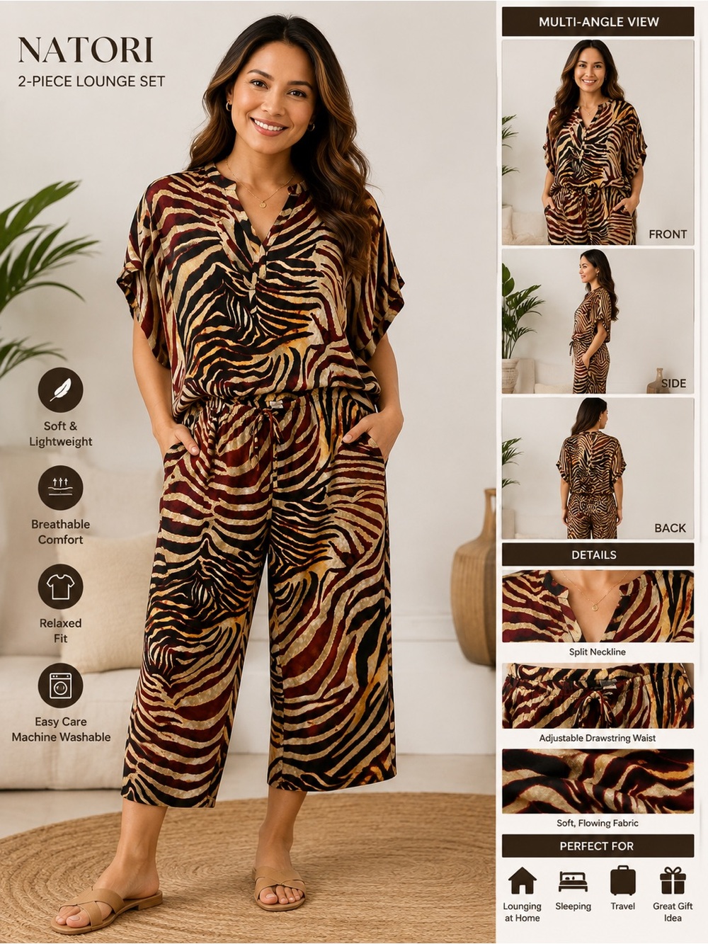 Natori Two-Piece Zebra-Print Cropped Jumpsuit - Brown, Black, Cream